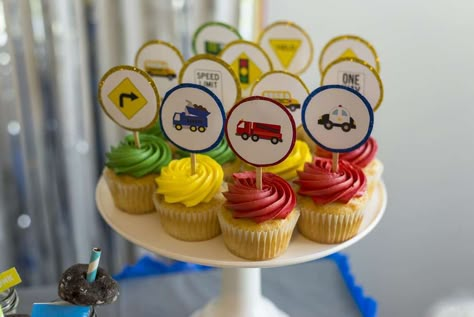 Riyaan's Transportation 4th Birthday party  | CatchMyParty.com Transportation Cupcakes, Vehicles Birthday Party, Transportation Birthday Theme, Cars Trucks Birthday Party, Transport Party, Cake Transport, Cars Theme Cake, Transportation Birthday Party, Transportation Party