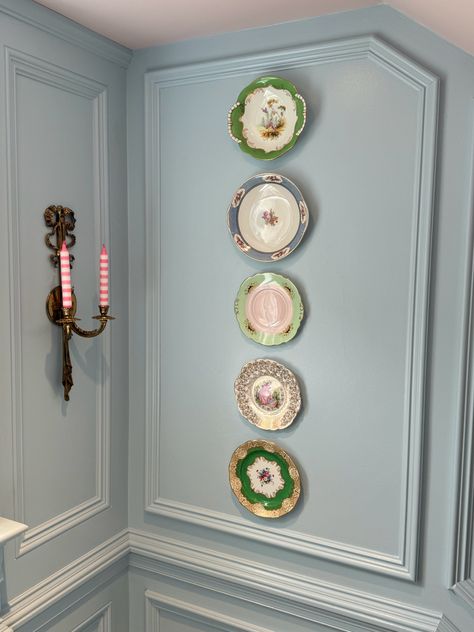 My collection of english cake plates. Round Plate Centerpiece, Plates And Mirror On Wall, Spode Plates On Wall, Mirror With Plates On Wall, Decorative Plate Wall Display, Gallery Wall With Plates And Pictures, Vintage Plate Wall Decor, China On Wall, Plates Around Mirror