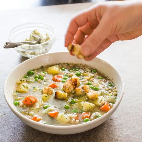 Vegan Farmhouse Vegetable and Barley Soup | America's Test Kitchen Recipe Turnip Vegetable, Carrots And Celery, Donut Toppings, Dried Porcini Mushrooms, Cookie Toppings, Caramel Tart, Gold Potatoes, America's Test Kitchen Recipes, Compound Butter