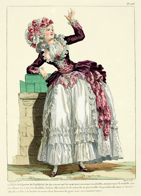 I continue my series of antique French Fashion plates from the time of Maire Antoinette with a few examples of some of the more extreme fas... 18th Century French Fashion, 1780s Fashion, 17th Century Fashion, 18th Century Dress, Rococo Fashion, 18th Century Costume, 18th Century Fashion, Century Clothing, Old Fashion