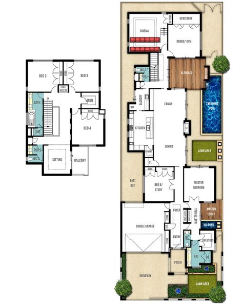 These two storey house plans are filled with impressive features. Designed for a young family, there’s plenty of room to grow. A large gym, realistic stepped cinema, games room, first floor lounge and split master suite, with feature glass passage, add to the unique appeal of these stunning double storey house plans. Home Gym Modern, Gym Modern, Floor Lounge, Double Storey House Plans, Two Storey House Plans, Narrow House Plans, Double Storey House, Unique House Plans, Unique Floor Plans