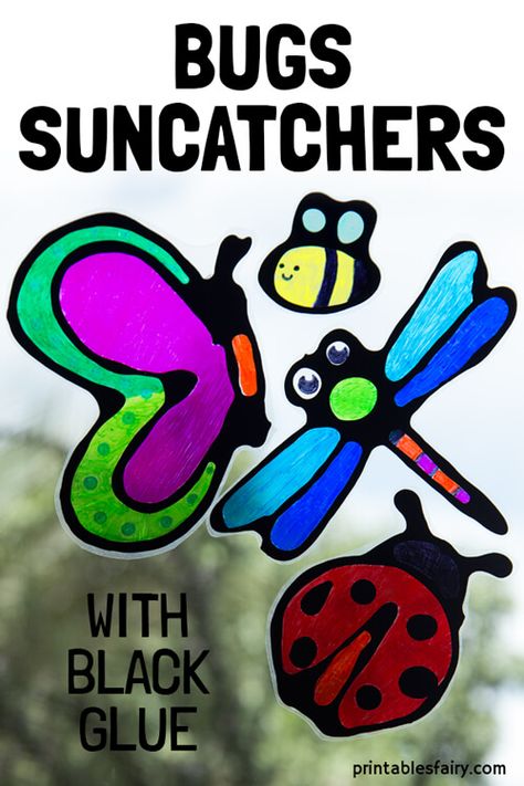 Make black glue suncatchers with our free printable templates. Give your windows a stained glass effect with this simple bugs craft #kidsactivities #kidsdiy #suncatchercraft Bugs Craft, Insect Study, Fall Fair, Bug Activities, Stained Glass Cookies, Black Glue, Insect Crafts, Free Printable Templates, Suncatcher Craft