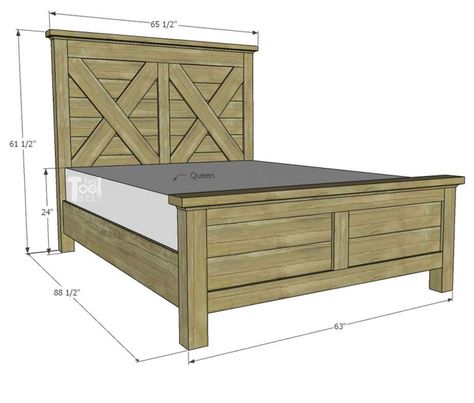 Queen X Barn Door Farmhouse Bed Plan - Her Tool Belt Queen Bed Frame Plans, Queen Size Bed Frame Diy, Queen Bed Diy, Rustic Queen Bed, Queen Bed Frame Diy, Diy Farmhouse Bed, Farmhouse Bed Frame, Rustic Bed, Farmhouse Headboard