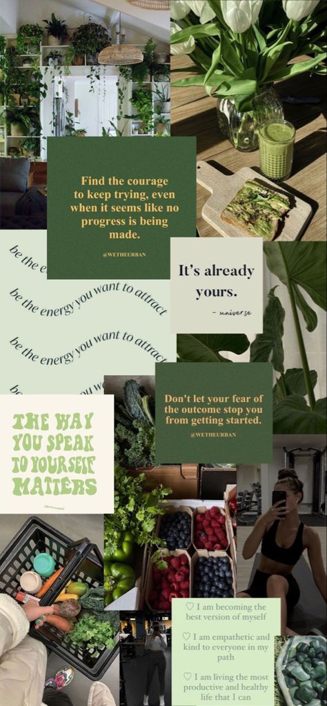 Healthy Iphone Wallpaper, Healthy Background Wallpapers, Mood Boards Aesthetic 2024, Mood Board Background Wallpaper, Healthy Mood Board Wallpaper, Motivational Collage Wallpaper Iphone, Sage Green Vision Board Wallpaper, Green Positive Wallpaper, Green Inspirational Wallpaper