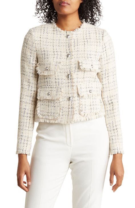 T Tahari Boucle Tweed Short Jacket available at #nordstromrack Dress In Fall, Dress Jackets, Anne White, Womens Tweed, Tweed Shorts, Trim Jacket, Plus Size Designers, Button Jacket, Tweed Dress