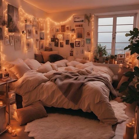 Room Decor Cozy Bedroom, Cozy Shared Bedroom, Cozy Comfy Bed, Bedroom With Lights On Wall, Cozy Aesthetic Decor, Cozy Bedroom Canopy, Book Room Ideas Bedrooms, Cozy Lights Bedroom, Cute Bedroom Pictures