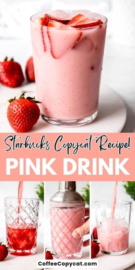 Pink Drink Recipe (Starbucks Copycat) - coffeecopycat.com Pink Drink Recipe, Starbucks Pink Drink Recipe, Pink Drink Starbucks, Pink Drink Recipes, Starbucks Pink Drink, Homemade Starbucks, Strawberry Drinks, Copycat Starbucks, Seasonal Drinks