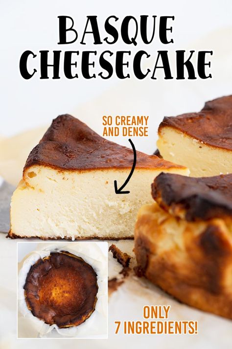 Basque Recipes, Basque Cake, Burnt Basque Cheesecake, Photo With Text, Basque Food, Basque Burnt Cheesecake, Cheesecake Slice, Basque Cheesecake, Cake Filling Recipes