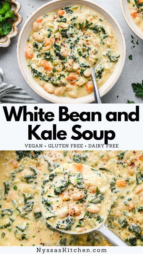 If you're looking for a tasty and nutritious meal that's also dairy-free, look no further than this healthy white bean and kale soup! Packed with veggies and wholesome cannellini beans, this soup is perfect for meal prep or a quick family dinner. And with its rich, creamy texture and comforting flavors, you won't even miss the dairy! Vegan and gluten free. Kale Soup Vegan, White Bean And Kale Soup, Bean And Kale Soup, White Bean And Kale, Tuscan White Bean Soup, White Bean Kale Soup, Tuscan White Bean, White Bean Soup Recipes, Colorful Veggies