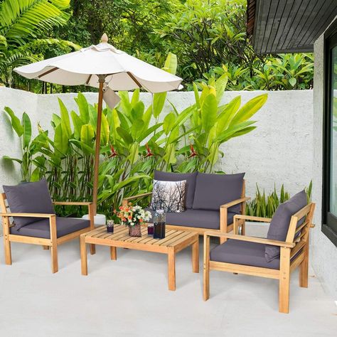 Amazon.com: COSTWAY 4 Pieces Outdoor Acacia Wood Sofa Set, Outdoor Conversation Sofa Set with Table & Cushions Porch Chairs for Garden, Patio, Deck : Patio, Lawn & Garden Waterproof Furniture, Porch Chairs, Wood Facade, Conversation Sofa, Patio Sofa Set, Coffee Table Dimensions, Artistic Home, Wood Sofa, Wooden Coffee Table