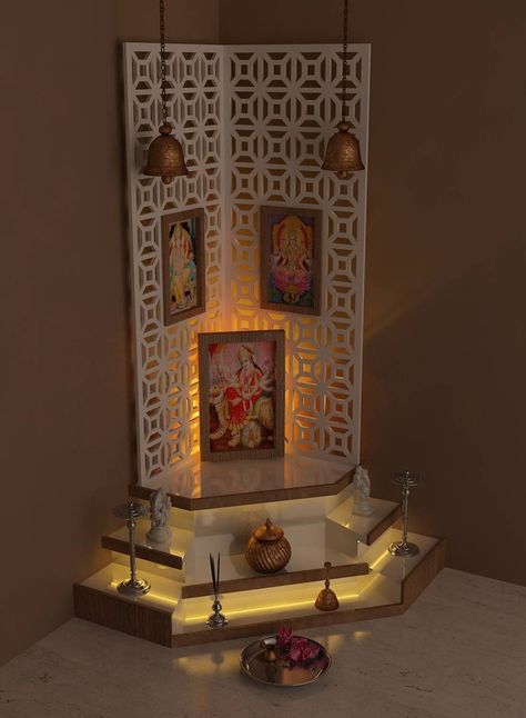 7 beautiful and unique pooja room designs by Indian interior… Pooja Corner Ideas, Corner Pooja Mandir, Corner Mandir Design, Pooja Setup, Temple Room, Pooja Ghar, Mandir Design, Temple Design For Home, Pooja Mandir