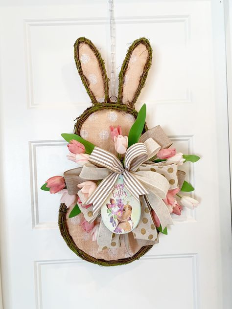 Blush Tulips, Outdoor Easter Decorations Diy, Easter Floral Decorations, Bunny Door Wreath, Bunny Wreaths, Harvest Ideas, Big Rabbit, Flower Making Crafts, Burlap Bunny