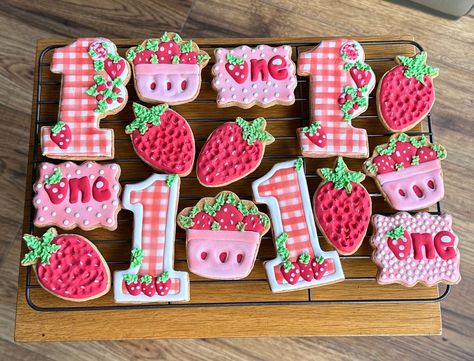 Strawberry Themed Sugar Cookies | Berry First Birthday | Sweet One | One Dozen by RLCakess on Etsy Strawberry Birthday Cookies Decorated, Berry Decorated Cookies, Strawberry Theme Cookies, Strawberry 1st Birthday Party Theme, Berry First Birthday Cookies, First Birthday Sweet One, Designed Cookies, Gift Guide Design, Pot Cookies