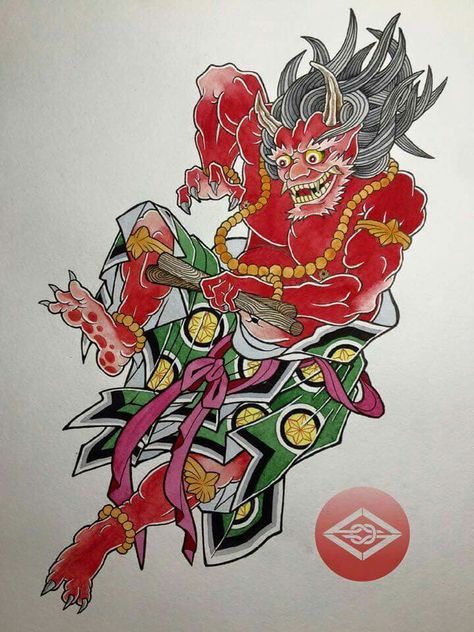 Raijin Tattoo, Dragon Tattoo Sketch, Oni Tattoo, Japanese Dragon Tattoos, Japan Tattoo Design, Fu Dog, Japanese Colors, Traditional Japanese Tattoos, Asian Tattoos