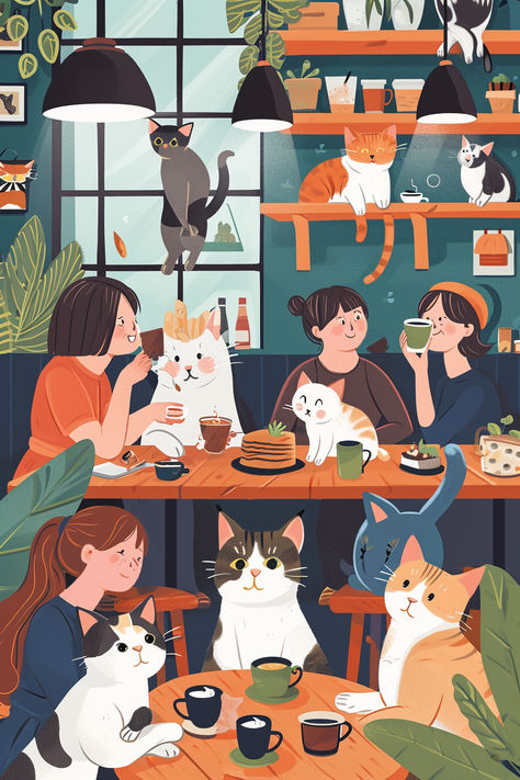 Cat café illustration, cozy interior, people enjoying coffee, cats on furniture, indoor plants, cat lovers, café atmosphere, pet-friendly establishment, socializing with cats, relaxed setting, warm lighting, modern cat café design, urban coffee shop, animal-themed café, cat and human interaction, leisure lifestyle, cat adoption, community space, charming café scene. Cat Tea Party Illustration, Cat Cafe Illustration, Coffee Art Illustration Graphic Design, Cat Cafe Aesthetic, Cartoon Cafe, Cafe Cartoon, People And Cats, Simple Cartoon Characters, Cat Tea Party