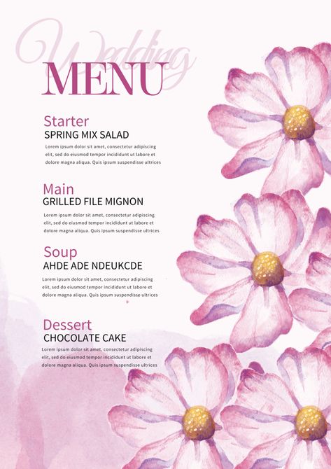 Flower Menu Design, Wedding Invitation Posters, Menu Sans Gluten, Pink Floral Background, Spring Mix Salad, Healthy Lunch Snacks, Wedding Invitation Background, Menu Designs, Menu Wedding