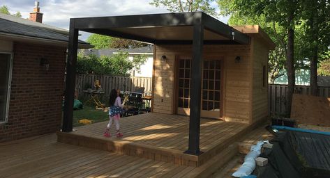 modern-pergola-with-wood Shed With Pergola, Modern Pergola Ideas, Backyard Structures, Pergola Ideas, Modern Pergola, Pergola Attached To House, Garden Area, Backyard Pergola, Beautiful Patios