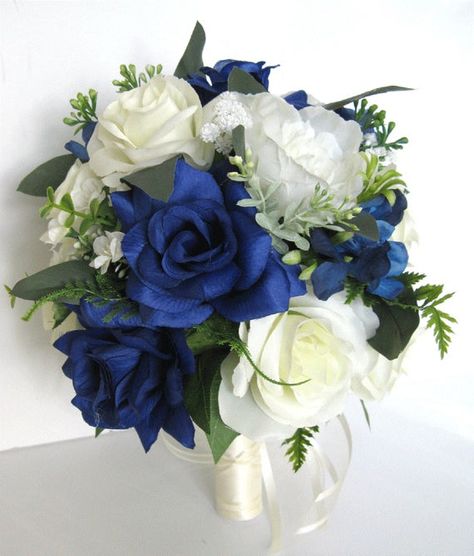 Bouquet Royal Blue, Royal Blue Bouquet, Dark Blue Hydrangea, Cream Peonies, Round Bouquet, Silk Wedding Flowers, Eucalyptus Green, Wedding Bouquets Bride, Wedding Bouquets Pink