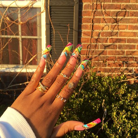 Throwback Nails, 90s Nails, Mickey Nails, Multicolored Nails, Curved Nails, Long Nail, Dope Nail Designs, Exotic Nails, Long Acrylic Nails Coffin