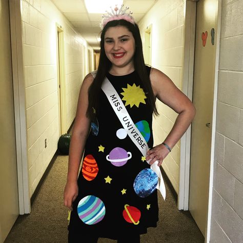 DIY Miss Universe Halloween Costume Ms Universe Costume Halloween, Mrs Universe Halloween Costume, Cosmos Costume Ideas, Space Themed Costumes Diy, Science Teacher Costume Ideas, Miss Universe Costume Halloween, Miss Universe Halloween Costume, Space Themed Outfit Ideas, Space Dress Up Day