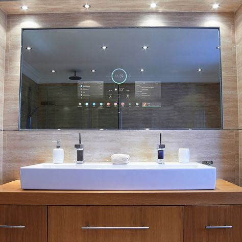 Smart Mirrors: The Best Luxury Tech Item For Your Bathroom Smart Led Bathroom Mirror, Smart Tv Mirror Bathroom, Smart Vanity Mirror, Tv In Bathroom Mirror, Bathroom With Smart Mirror, Smart Home Bathroom, Smart Homes Ideas, Future Homes Technology, Touch Mirror Bathroom