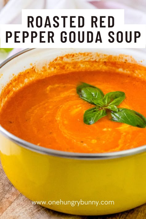 Roasted Red Pepper And Tomato Soup With Gouda, Red Pepper Soup With Gouda, Red Pepper Gouda Soup Slow Cooker, Roasted Red Pepper And Feta Soup, Roasted Pepper Gouda Soup, Red Pepper Gouda Bisque, Gouda Soup Recipes, Roasted Red Pepper And Smoked Gouda Soup, Roast Red Pepper Soup