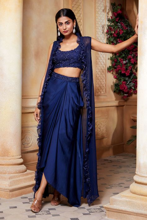 Cape Skirt, Georgette Skirt, Satin Bustier, Gaun Fashion, Dhoti Pants, Pant Set For Women, Draped Skirt, Sharara Set, Embroidered Neckline