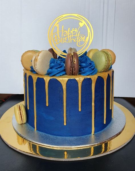 Royal blue and gold drip cake, macarons, chocolate, vanilla, American buttercream, 50th birthday cake, mens birthday cake Yellow And Blue Cake Designs Birthday, Royal Blue And Gold Cake Birthday, Royal Blue And Gold Cake For Men, Birthday Cake Royal Blue, Blue Drip Cake For Men, Royal Blue Cake Ideas, Blue And Gold Drip Cake, Blue And Gold Cake For Men, Mens Birthday Cake Simple Blue