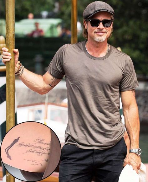 Brad Pitt Debuts New Mysterious Bicep Tattoo at the Venice Film Festival Brad Pitt Tattoo, Brad Pitt News, Tank Tattoo, Bicep Tattoo, Handsome Older Men, Small Tattoos For Guys, Red Carpets, Venice Film Festival, New Tattoo