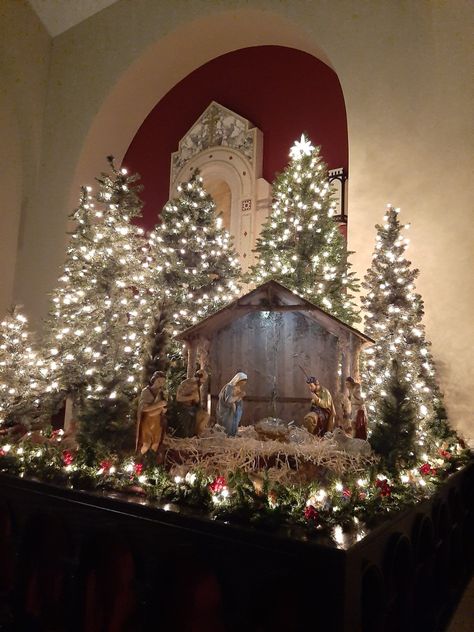 Christmas Navity Decor, Nativity Scene Table Decor Ideas, Diy Nativity Scene Display, Nativity Display Ideas Holidays, Nativity Scene Mantle Display, Christmas Cave Ideas, Tabletop Nativity Scene Display Ideas, Nativity Christmas Tree Ideas, Nativity Home Decor