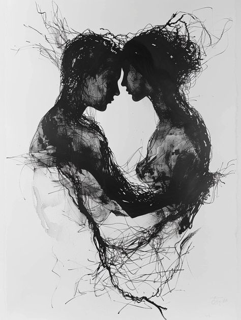 Exploring the "Entwined Couple Series" in Digital Ink Art Black And White Love Art, Companionship Art, Lovers Silhouette, Man And Woman Silhouette, Soulmates Art, Romantic Illustration, Ink Drawing Techniques, Tattooed Woman, Couples Art