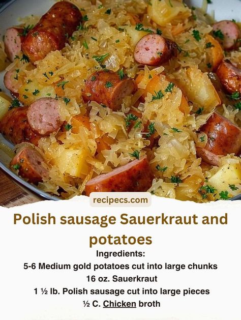 Sourkraut And Sausage Recipes, Sourkraut And Sausage, Sausage And Sauerkraut Recipes, Polska Kielbasa Recipes, Polish Sausage Sauerkraut And Potatoes, Potatoes Crock Pot, Sauerkraut And Potatoes, Sour Kraut, Kielbasa And Potatoes