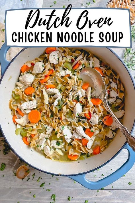 Chicken noodle soup in a blue dutch oven with handles. Dutch Oven Chicken Noodle Soup, Dutch Oven Soup Recipes, Dutch Oven Soup, Dutch Oven Chicken, Dutch Oven Recipes, Oven Chicken, Soup Recipes Chicken Noodle, Sugar Snap Peas, Chicken Soup Recipes