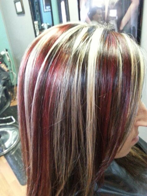 Red blonde and black hair color highlights *All About You* Hair by Brandy Bilbrey 615-792-8817 Pinwheel Hair Color, Red And Blonde, Black Red Hair, Red Blonde, Hair Colouring, Red Blonde Hair, Plum Hair, Stacked Bob, Red To Blonde