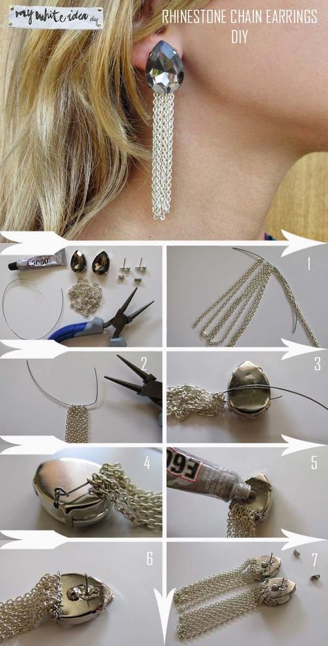 40 DIY Earrings Ideas Diy Statement Earrings, Diy Jewelry Earrings, Diy Jewelry Tutorials, Bijoux Fil Aluminium, Diy Rhinestone, Nail Ring, Rhinestone Chain, Earring Tutorial, Homemade Jewelry