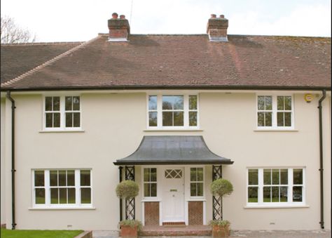 Double width sash windows to fill a wide space. Look good in a more modern home. Wide Sash Window, Wide Sash Windows, Bungalow Inspiration, Painted Houses, 1930s House, House Makeover, Tudor House, Window Shutters, House Exteriors