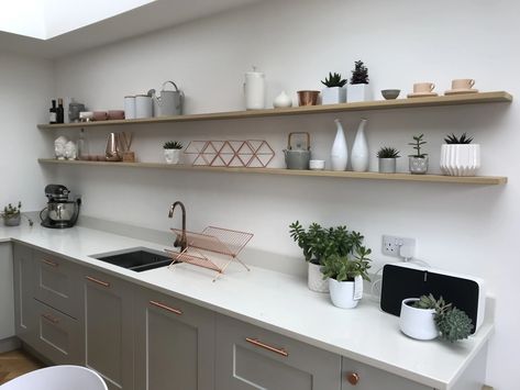 Kitchen Long Shelves, Floating Shelves Kitchen Long Wall, Grey Floating Shelves Kitchen, Long Shelves Living Room, Long Kitchen Shelves, Long Floating Shelves Kitchen, Kitchen Shelves Above Sink, Long Shelves On Wall, Shelves Above Kitchen Sink