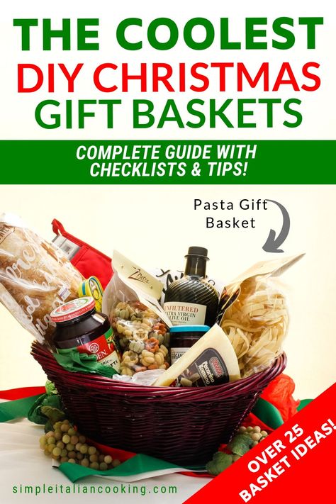 Have fun with this awesome DIY Christmas Gift Basket guide packed with 25 creative and unique Italian food and gift ideas perfect for family and friends. Includes list of essential items and lots of suggestions to mix and match! Be inspired! #italiangiftbasketideasdiy #italiangiftbaskets #christmasdiygiftbaskets Dinner Gift Basket Ideas, Pizza Gift Basket, Food Gift Basket Ideas, Cooking Gifts Basket, Basket Ideas For Christmas, Gift Basket Ideas For Christmas, Dinner Gift Basket, Food Baskets For Christmas, Italian Gift Baskets