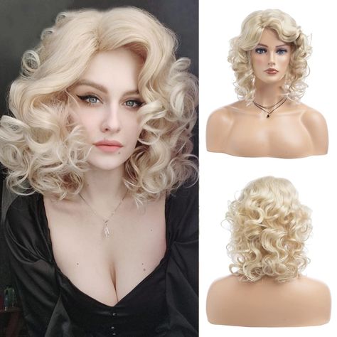 PRICES MAY VARY. 【Color】 : Blonde.Color May Be Different Due to Displays and lights. 【Premium Material】Made of high quality synthetic heat resistant fiber, which enable the short curly wig long term use, look natural and touch soft,easy to comb,minimum shedding and tangling. 【Adjustable Size】There are 2 adjustment straps and 2 combs inside the short blonde wavy wig,you can adjust the hook inside the cap to the correct size to suit your head. 【Daily & Cosplay Use】 It can not only give you a comfo Short Curly Blonde, Dolly Parton Wigs, Jane Doe, Medium Curly, Party Costumes, Hair Knot, Medium Curly Hair Styles, Halloween Wigs, Short Curly Wigs