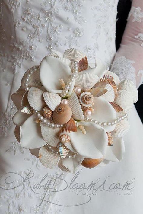 More ideas like these at bridebug.com Beach Wedding Shower, Shell Bouquet, Beach Bouquet, Seashell Bouquet, Wedding Shower Cakes, Seashell Wedding, Sea Wedding, Beach Wedding Flowers, Brooch Bouquet