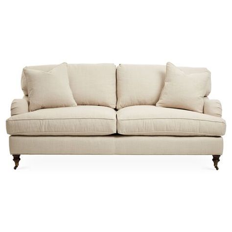 Designed by us and available only at One Kings Lane: This English-arm sofa is made elegant and inviting with a relaxed silhouette framed in kiln-dried hardwood, finely turned front legs capped with brass casters, and a lofty down-and-feather fill. And because it's upholstered in eco-friendly, high-performance Crypton, it repels stains and spills. This makes it ideal for households with children, pets, or oops-prone adults. Natural Sofas, Neutral Sofa, Elegant Sofa, Rolled Arm Sofa, Settee Sofa, Velvet Sofa, Settee, Sleeper Sofa, Stylish Home