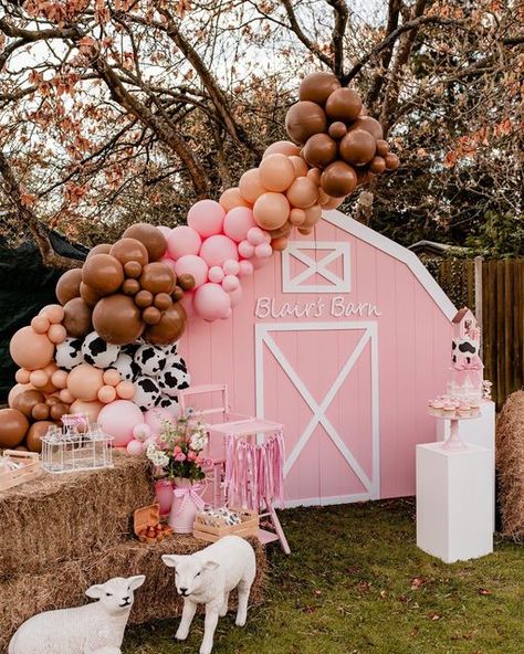 Barnyard Backdrop First Birthdays, Pink Barnyard Birthday Party, Pink Barn Door Backdrop, Pink Barnyard Party Decor, Diy Barn Backdrop Birthday, Pink Farm Birthday Party Decorations, Barn Backdrop Birthday, Diy Barn Backdrop, Barnyard Birthday Party Girl