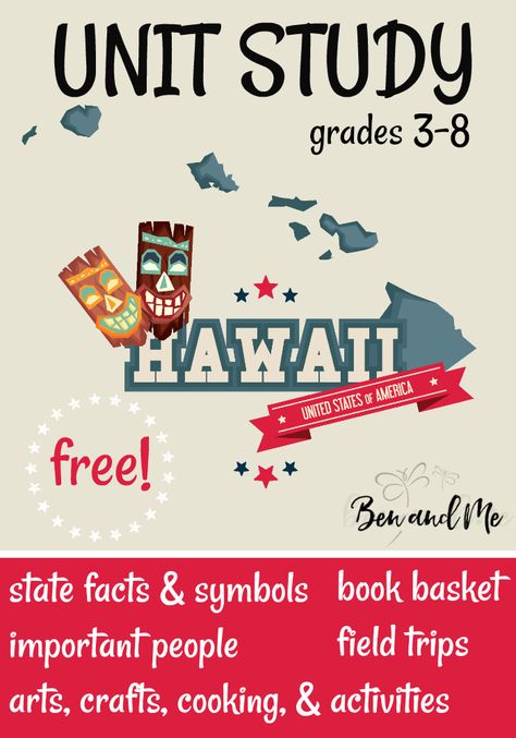 FREE Hawaii Unit Study for grades 3-8 -- learn about the "Aloha State" with books, arts and crafts, recipes, and more! #homeschool #homeschooling #unitstudies #hawaii #homeeducation Camp Projects, Teaching Us History, Social Studies Education, American History Lessons, Homeschool Geography, Homeschooling Resources, Social Studies Elementary, Book Baskets, Unit Studies