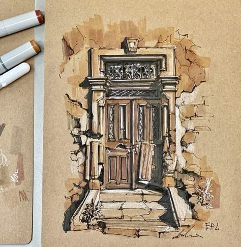 Toned Sketchbook, Brown Paper Art, Pen And Ink Drawings, Architecture Sketches, Art Journal Cover, Architecture Sketchbook, Pen Art Drawings, Architecture Design Sketch, Urban Sketches