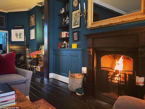 Gok Wan reveals the VERY Insta-friendly interiors of his Georgian home in London | Daily Mail Online Furniture Websites, Teal Living Room, Teal Paint Colors, Furniture Color Schemes, Living Room Decor Brown Couch, Teal Living Rooms, Green Interior Design, Teal Paint, Teal Walls