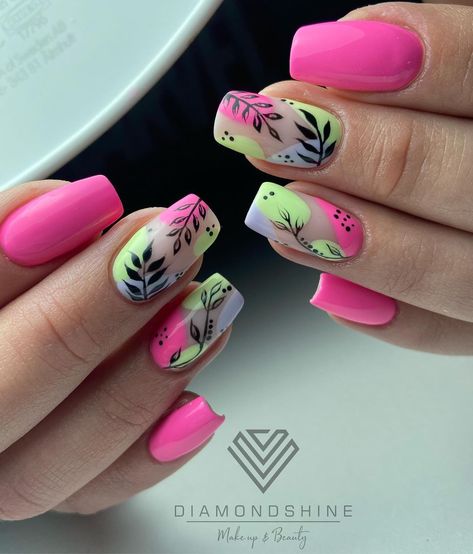 Nail Art Fluo Summer, Bright Pink Nail Designs, Bright Nail Ideas, Lime Green Nails, Concert Nails, Bright Pink Nails, Spring Acrylic Nails, Gel Nail Art Designs, Colorful Nail Art