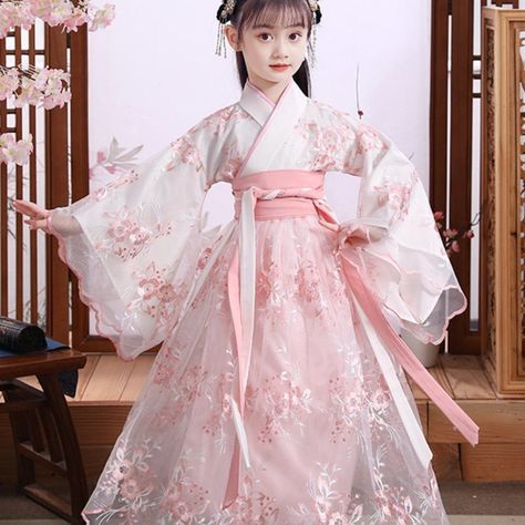 Lively Color Palette Long Sleeve Wavy Hems Adjustable Waistline With Straps Perfect Outfit For Your Kid's School, Outgoings And Formal Events Size S: Bust 25.2, Length 28 Size L: Bust 28.3, Length 32.7 Floral Princess Dress, Japanese Wedding Dress, Kimono Costume, Sakura Petals, Chinese Princess Dress, Red Wedding Gowns, Fantasy Outfits, Traditional Aesthetic, Chinese Princess