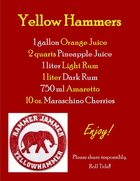 Roll Tide to that! cant wait for football season! Yellow Hammer drink recipe! Gameday Brunch, Rammer Jammer, Recipes Drinks, Football Crafts, Light Rum, Alabama Roll Tide, Tailgate Food, Dark Rum, Drink Ideas