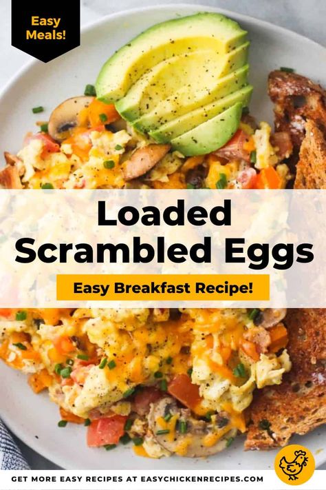 This loaded scrambled eggs recipe is my absolute favorite breakfast to make with eggs, and my kids love how cheesy it is! I start by sautéing some mushrooms and peppers, add tomatoes and bacon, then scramble up the eggs and finish with lots of cheese. It only takes a few ingredients and 5 minutes of prep to make this egg scramble, so it's easy enough to make any time! Scrambled Egg Toppings, Renal Breakfast Ideas, Chicken And Eggs Recipe, Loaded Scrambled Eggs, Scrambled Egg Recipes, Crescent Rings, 2023 Meals, Stuffed Eggs, Breakfast Scramble