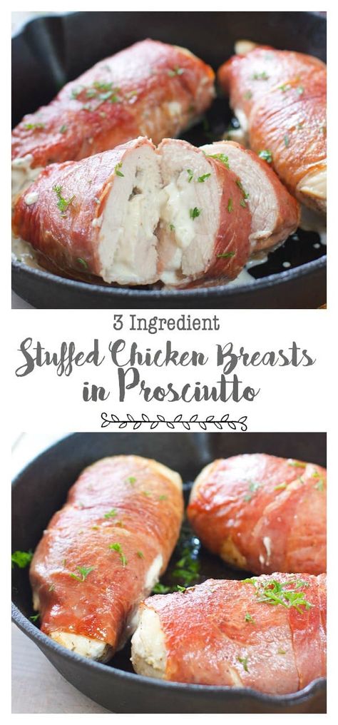 Prosciutto Wrapped Chicken Breasts Prosciutto Wrapped Chicken Breast, Prosciutto Wrapped Chicken, Chicken Lickin, Prosciutto Recipes, Three Ingredient Recipes, Stuffed Chicken Breasts, Cheese Stuffed Chicken Breast, Chicken Receipes, Prosciutto Wrapped